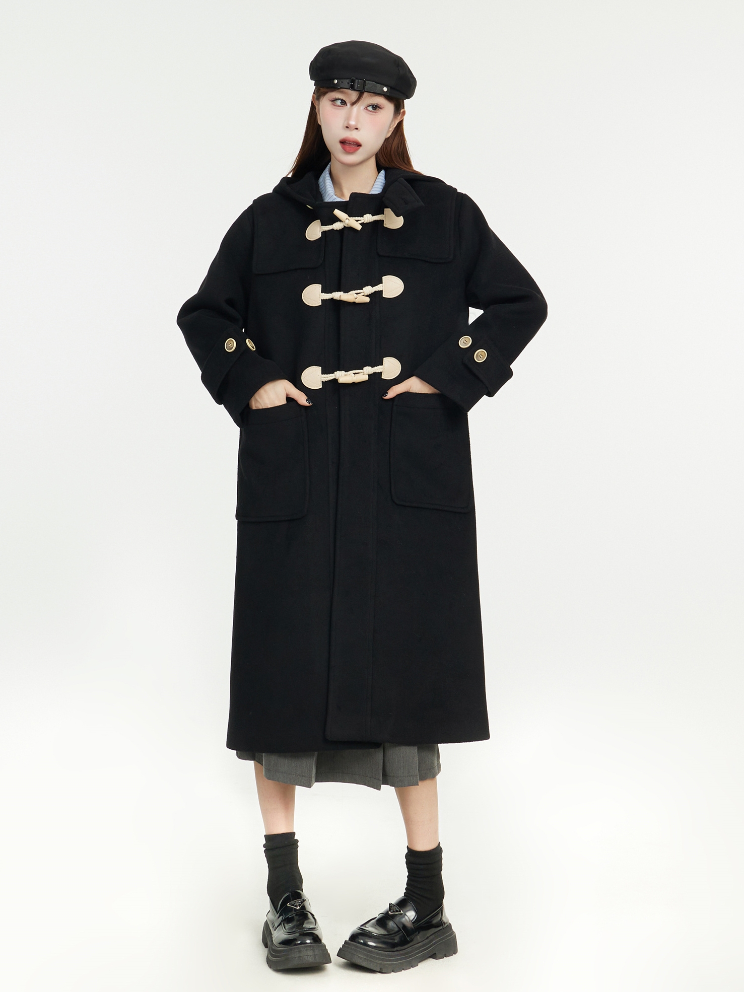 Mid-Length Hooded Black Woolen Coat with Horn Buttons - 2025 Spring College Style Outerwear Mid-Length Hooded Black Woolen Coat with Horn Buttons - 2025 Spring College Style Outerwear