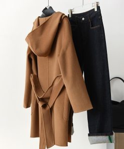 Mid-Length Japanese-Style Wool Cashmere Coat with Hood, Belt, and Pockets for Elegant Commuting in OL Fashion
