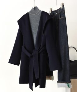 Mid-Length Japanese-Style Wool Cashmere Coat with Hood, Belt, and Pockets for Elegant Commuting in OL Fashion