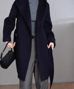 Mid-Length Japanese-Style Wool Cashmere Coat with Hood, Belt, and Pockets for Elegant Commuting in OL Fashion