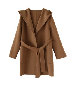 Mid-Length Japanese-Style Wool Cashmere Coat with Hood, Belt, and Pockets for Elegant Commuting in OL Fashion