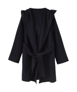 Mid-Length Japanese-Style Wool Cashmere Coat with Hood, Belt, and Pockets for Elegant Commuting in OL Fashion