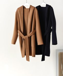 Mid-Length Japanese-Style Wool Cashmere Coat with Hood, Belt, and Pockets for Elegant Commuting in OL Fashion