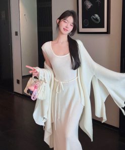 Mid-Length Loose Bell Sleeve White Knitted Cardigan for Women - Soft Cozy Autumn Winter Shawl Sweater