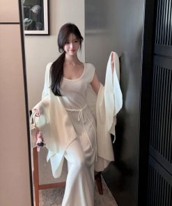 Mid-Length Loose Bell Sleeve White Knitted Cardigan for Women - Soft Cozy Autumn Winter Shawl Sweater