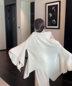 Mid-Length Loose Bell Sleeve White Knitted Cardigan for Women - Soft Cozy Autumn Winter Shawl Sweater