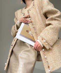 Mid-Length Pine Wood Agarwood Design Woolen Coat - Thick Coarse Tweed Overcoat for Stylish Fall and Winter Fashion