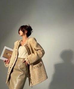 Mid-Length Pine Wood Agarwood Design Woolen Coat - Thick Coarse Tweed Overcoat for Stylish Fall and Winter Fashion