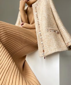 Mid-Length Pine Wood Agarwood Design Woolen Coat - Thick Coarse Tweed Overcoat for Stylish Fall and Winter Fashion