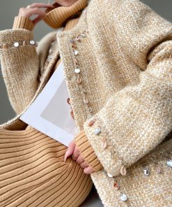 Mid-Length Pine Wood Agarwood Design Woolen Coat - Thick Coarse Tweed Overcoat for Stylish Fall and Winter Fashion