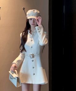 Mid-Length Waist-Cinching White Woolen Coat for Women, Stand Collar, Belted, Autumn Winter Fashion, Elegant Layering Outerwear
