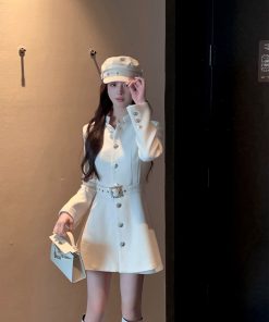 Mid-Length Waist-Cinching White Woolen Coat for Women, Stand Collar, Belted, Autumn Winter Fashion, Elegant Layering Outerwear