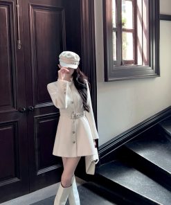 Mid-Length Waist-Cinching White Woolen Coat for Women, Stand Collar, Belted, Autumn Winter Fashion, Elegant Layering Outerwear