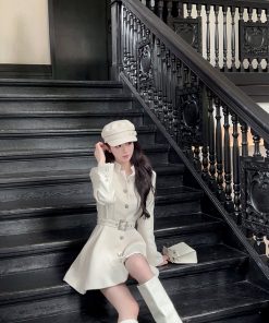 Mid-Length Waist-Cinching White Woolen Coat for Women, Stand Collar, Belted, Autumn Winter Fashion, Elegant Layering Outerwear