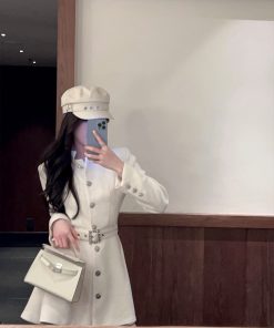 Mid-Length Waist-Cinching White Woolen Coat for Women, Stand Collar, Belted, Autumn Winter Fashion, Elegant Layering Outerwear