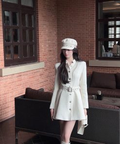 Mid-Length Waist-Cinching White Woolen Coat for Women, Stand Collar, Belted, Autumn Winter Fashion, Elegant Layering Outerwear