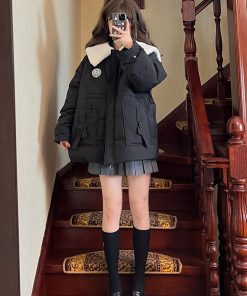 Mid-Length White Duck Down Jacket - Pudding Bear JK Style, Adjustable Waist Winter Coat, 90s Fashion, Cozy & Warm Clearance Sale