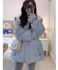 Mid-Length White Duck Down Jacket - Pudding Bear JK Style, Adjustable Waist Winter Coat, 90s Fashion, Cozy & Warm Clearance Sale