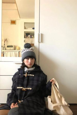 Mid-Length Wool Plaid Toggle Button Hooded Coat for Winter 2025 - Stylish Sheepskin Design, Cozy Layering Essential