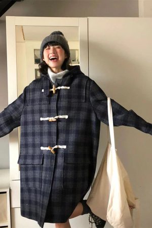 Mid-Length Wool Plaid Toggle Button Hooded Coat for Winter 2025 - Stylish Sheepskin Design, Cozy Layering Essential