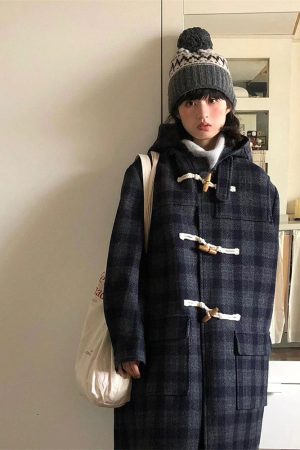 Mid-Length Wool Plaid Toggle Button Hooded Coat for Winter 2025 - Stylish Sheepskin Design, Cozy Layering Essential