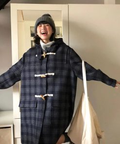 Mid-Length Wool Plaid Toggle Button Hooded Coat for Winter 2025 - Stylish Sheepskin Design, Cozy Layering Essential