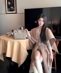 Mid-Length Woolen Cape Coat for Women - High-Quality Shawl Overcoat with Belt - Winter Fashion Outerwear