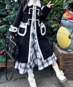 Mid-Length Woolen Coat for Women - 2025 Winter Black and White Plaid JK Uniform Style, Thick Woolen Suit