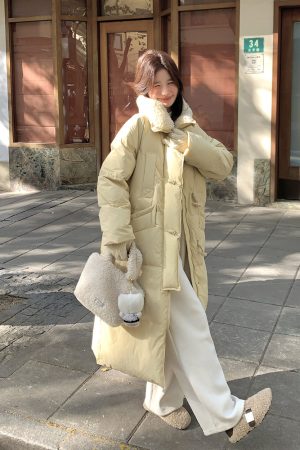 Mid-Length Yellow Down Jacket for Women, 90% White Duck Down, 2025 Winter College Style, Chic and Stylish Design