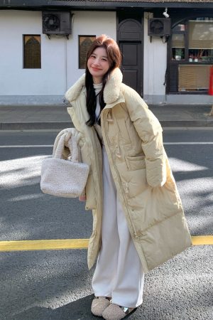 Mid-Length Yellow Down Jacket for Women, 90% White Duck Down, 2025 Winter College Style, Chic and Stylish Design