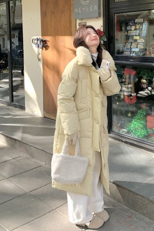 Mid-Length Yellow Down Jacket for Women, 90% White Duck Down, 2025 Winter College Style, Chic and Stylish Design
