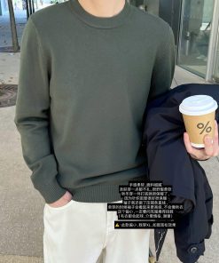 Military Green Knitted Long Sleeve Shirt for Men – Casual Round Neck Top in Autumn/Winter Style