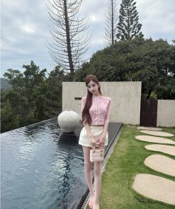 Milk Fragrance Cherry Blossom Ice Silk Short Sleeve Cardigan - Slim Fit Cool Feeling Summer T-Shirt for Air Conditioning Wear