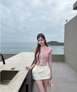 Milk Fragrance Cherry Blossom Ice Silk Short Sleeve Cardigan - Slim Fit Cool Feeling Summer T-Shirt for Air Conditioning Wear