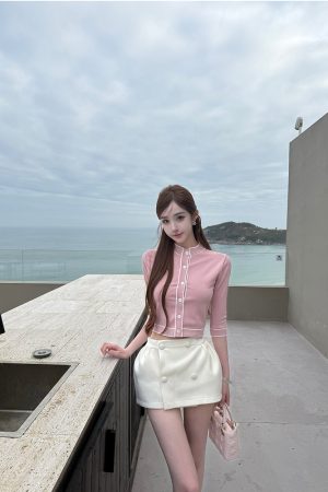 Milk Fragrance Cherry Blossom Ice Silk Short Sleeve Cardigan - Slim Fit Cool Feeling Summer T-Shirt for Air Conditioning Wear