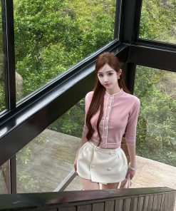 Milk Fragrance Cherry Blossom Ice Silk Short Sleeve Cardigan - Slim Fit Cool Feeling Summer T-Shirt for Air Conditioning Wear