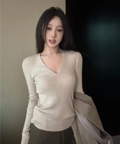 Milk Tea Color V-Neck Knitted Sweater for Women, Slim Fit Long Sleeve Top, Versatile Layering Piece, Korean Style Fashion