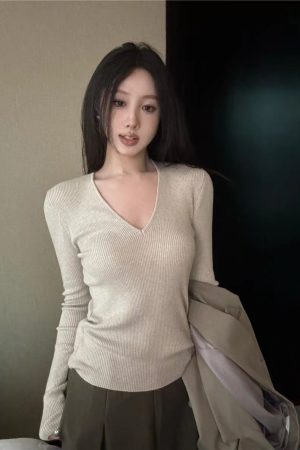 Milk Tea Color V-Neck Knitted Sweater for Women, Slim Fit Long Sleeve Top, Versatile Layering Piece, Korean Style Fashion