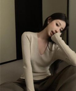 Milk Tea Color V-Neck Knitted Sweater for Women, Slim Fit Long Sleeve Top, Versatile Layering Piece, Korean Style Fashion