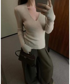Milk Tea Color V-Neck Knitted Sweater for Women, Slim Fit Long Sleeve Top, Versatile Layering Piece, Korean Style Fashion