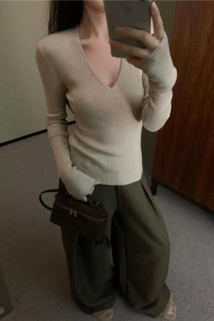 Milk Tea Color V-Neck Knitted Sweater for Women, Slim Fit Long Sleeve Top, Versatile Layering Piece, Korean Style Fashion