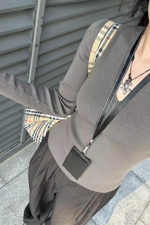 Milk Tea Color V-Neck Knitted Sweater for Women, Slim Fit Long Sleeve Top, Versatile Layering Piece, Korean Style Fashion