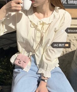 Milk Yellow Ruffled Bubble Shirt with Crochet Lace Top - Stylish Korean-Style Fashion for a Chic Look