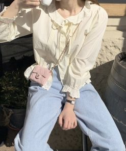 Milk Yellow Ruffled Bubble Shirt with Crochet Lace Top - Stylish Korean-Style Fashion for a Chic Look