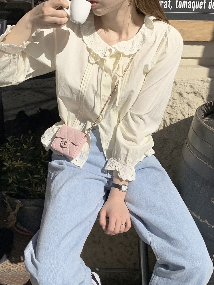 Milk Yellow Ruffled Bubble Shirt with Crochet Lace Top - Stylish Korean-Style Fashion for a Chic Look Milk Yellow Ruffled Bubble Shirt with Crochet Lace Top - Stylish Korean-Style Fashion for a Chic Look