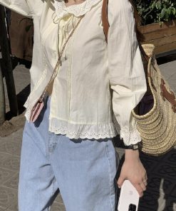 Milk Yellow Ruffled Bubble Shirt with Crochet Lace Top - Stylish Korean-Style Fashion for a Chic Look