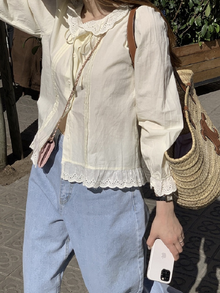 Milk Yellow Ruffled Bubble Shirt with Crochet Lace Top - Stylish Korean-Style Fashion for a Chic Look Milk Yellow Ruffled Bubble Shirt with Crochet Lace Top - Stylish Korean-Style Fashion for a Chic Look