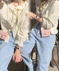 Milk Yellow Ruffled Bubble Shirt with Crochet Lace Top - Stylish Korean-Style Fashion for a Chic Look