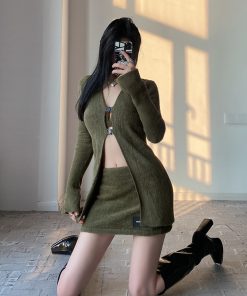 Millennium Spicy Girl Faux Mink Fur Coat Set with Tie Vest and Low Waist Skirt - Y2K Plush Fashion Outfit