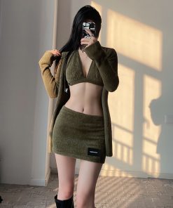 Millennium Spicy Girl Faux Mink Fur Coat Set with Tie Vest and Low Waist Skirt - Y2K Plush Fashion Outfit